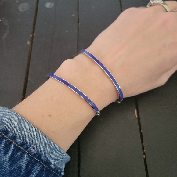 Two Piece Bangle Bracelet Set Navy Blue Silver Women's Jewelry - Picture 1 of 5